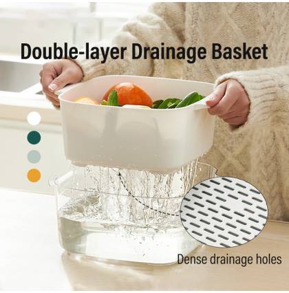 Double-layer Drainage Basket Fruit Vegetable Strainer PP Colander Kitchen Tool 29x26x12cm