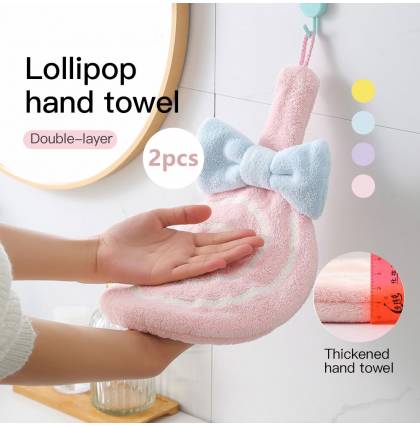 [2pcs] Double-layer Thickened Absorbent Towel Cartoon Lollipop Hand Towel Coral Velvet Hanging Handkerchief 22x34cm