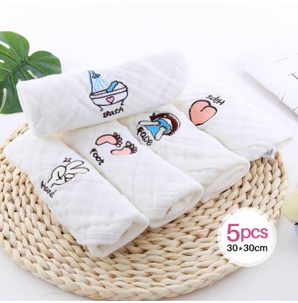 [5pcs]Embroidery Pure Cotton Square Towel Baby 6 Layer Natural Organic Washcloths Extra Soft Newborn 30x30cm