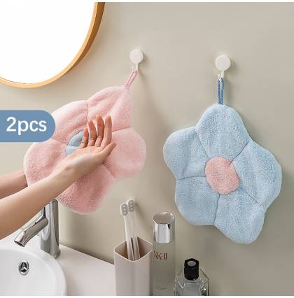 [2pcs/set]Flower-shaped Hand Towel Thickened Absorbent Towel Cartoon Coral Velvet Hanging Handkerchief 25x25cm
