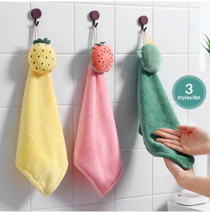 [3Pcs/Set]Home Coral Velvet Cute Fruit Wipe Hand Towel Hanging Hand Cloth Soft and High Water Absorbent Handkerchief