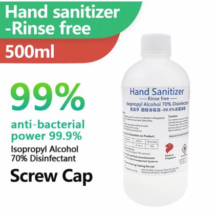 Hand Sanitizer Rinse Free 500ml Screw Cap (moisturizing odourless & pH: 7) Isopropyl Alcohol Liquid disinfectant(kills 99.9% of bacteria)