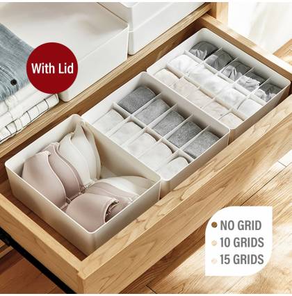 Japanese Style PP Underwear Storage Closet Wardrobe Container Dust-proof Lid NoGrid 10Grids 15Grids