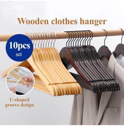 [Bundle of 10] Premium Wooden Clothes Hanger Stainless Steel Hook Clothes Wardrobe Drying Rack
