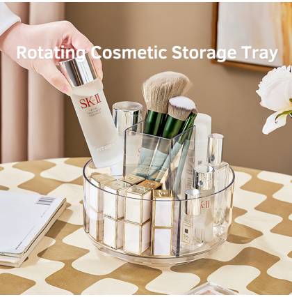 Rotating Cosmetic Storage Tray Single Layer PET Transparent Makeup Stationery Organizer Multi-compartment Storage Box