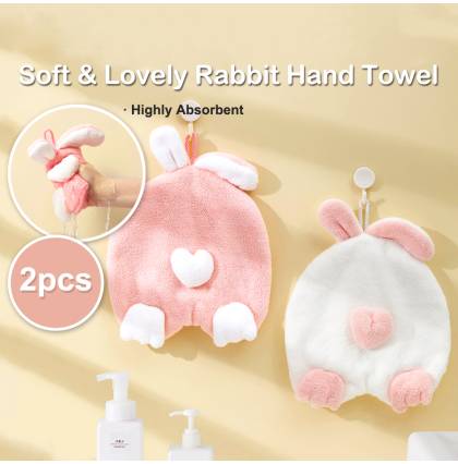 [2Pcs/set] Soft and Lovely Rabbit Hand Towel Quick Dry Highly Absorbent Hanging Cleaning Cloth 23cm x 28cm