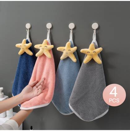 [4pcs/Set]Thickened Starfish Hand Towel Cute Cartoon Coral Velvet Hanging Type Absorbent 30x30cm