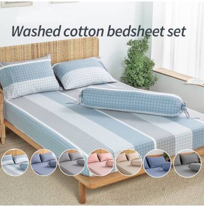 Washed Cotton Bedsheet Set Fitted BedSheet Bedsheet Set Includes Bedsheet/Pillowcase/Bolster case