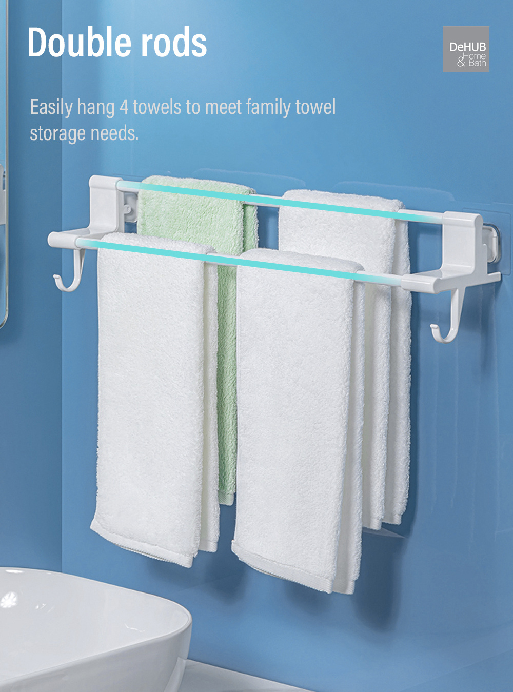 Korea Dehub Vacuum Pad Towel Hanger Double Rods Towels Shelf Abs Wall 